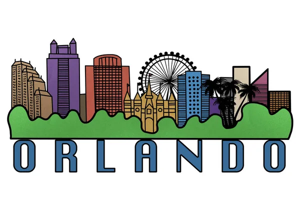 stock image Orlando City Skyline Colorful Illustration, Linen Art Silhouette of Orlando Florida, USA City