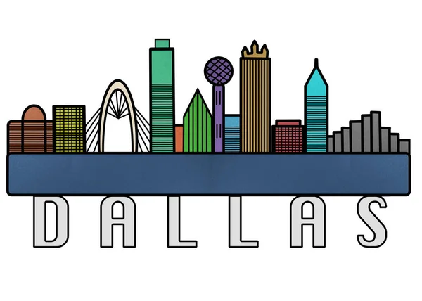 Dallas Skyline Kolorowe Ilustracje Poziome Line Art Silhouette Dallas Texas Zdjęcie Stockowe