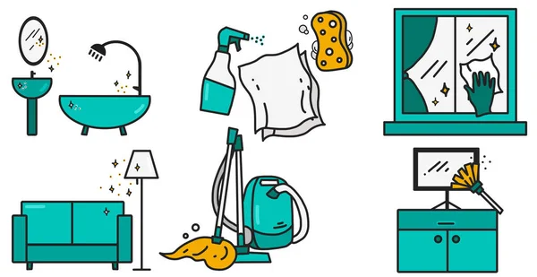 Set of Housekeeping Cleaning Tools Icons Illustration, Doodle Line Art Cleaning Services Drawing