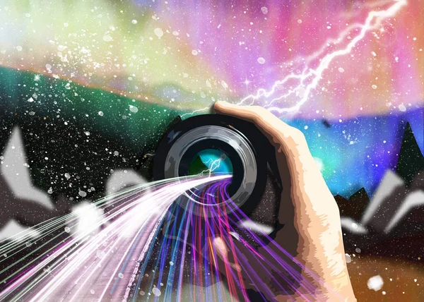 Man Holding Camera Obiektyw Speed Lights Ilustracja Ręczne Trzymanie Aparatu Obrazek Stockowy
