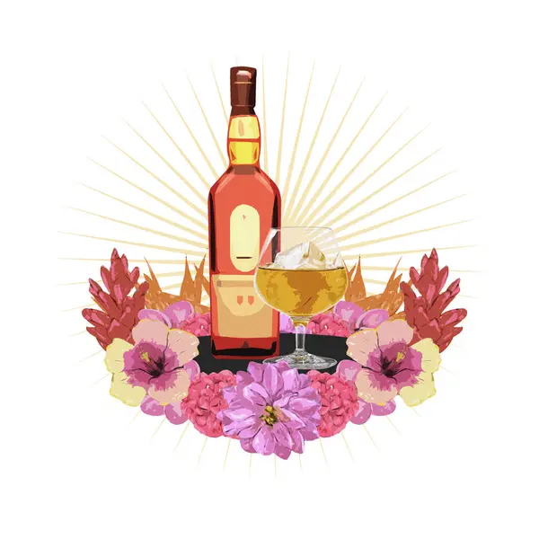 Drink Rocks Alkohol Whisky Rum Butelka Kwiatami Ilustracja Etykiety Obraz Stockowy