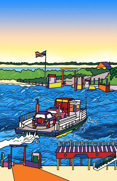 Colorful Hand Drawn Illustration Ferry Transporting Tourists Cars Edgartown Chappaquiddick — Stock Photo, Image