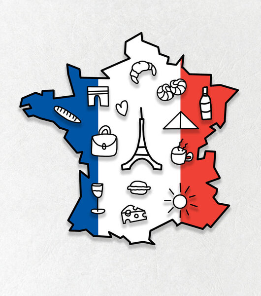 Esquema Dibujado Mano Mapa Francia Con Bandera Monumentos ses Alimentos — Foto de Stock
