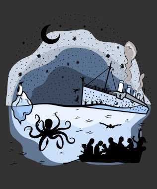 El Çizimi Titanik 'in Batışı 1912 Transatlantik Denizcilik Felaketi, Atlantik Okyanusu Panik Gemisi, Buzdağı, İzole Batık Çizimi