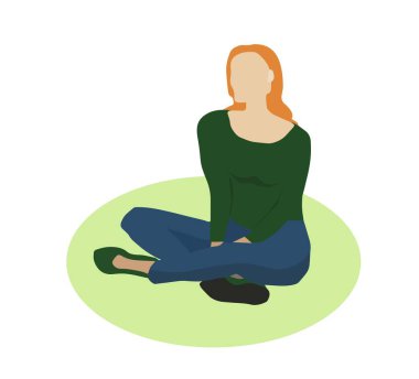 Red-haired girl sitting and typing on a laptop. Vector illustration.