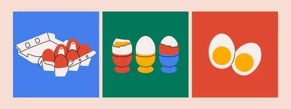 漫画の鶏の卵 紙容器にゆで卵タンパク質を入れたアブストラクトカード 有機農業食品 ベクトル分離集合 — ストックベクタ