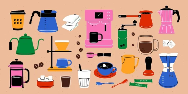 コーヒー装置 漫画コーヒーマシンサーバーカフェメニューのためのフレンチプレスケトルマグカップピッチャー ベクトル分離集合 — ストックベクタ