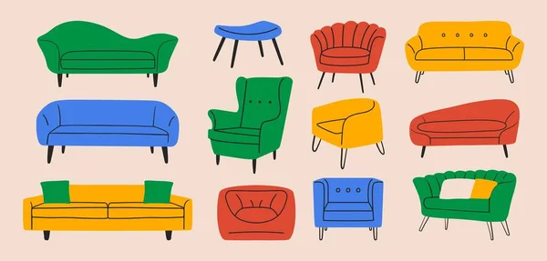 漫画の柔らかい家具 フラット居心地の良い椅子ソファオットマンアームチェアソファクッションホームアパートとソファ ベクトル分離集合 — ストックベクタ