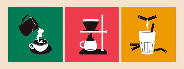 コーヒーカップや機器 ミルクシュガー付きの漫画かわいいホットドリンク コーヒーショップメニューテンプレート ベクトル分離集合 — ストックベクタ