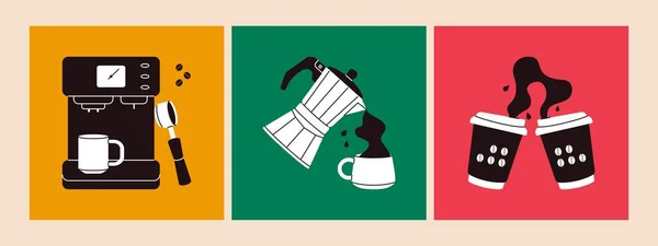 コーヒーカップや機器 ミルクシュガー付き飲料の漫画のガラス コーヒーショップメニューテンプレート ベクトル分離集合 — ストックベクタ
