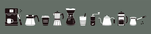 コーヒーハウスのアクセサリー 代替コーヒー醸造方法 コーヒーマシンのハリオフレンチプレスケトルアイコン ベクトル漫画セット — ストックベクタ