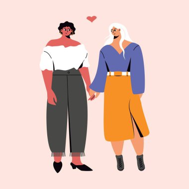 Mutlu homoseksüel çift. Çizgi film karakterleri aşık insanlar, bir çift lezbiyen kadın. Doodle vektör illüstrasyonu.