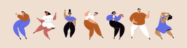 Group of dancing people. Cartoon male female characters party dancers, funny man woman together at club. Vector flat set.