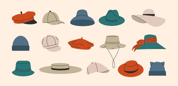 Cartoon hats. Brimmed hat panama cap beret fedora, stylish headwear accessories, doodle fancy clothing. Vector flat set.