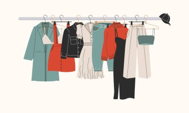 Fashion apparel. Hangers female clothes, clothing storage, boutique assortment rail, garment holder. Vector cartoon set.