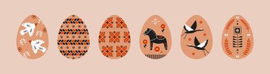 Modern Easter eggs. Cartoon egg decoration with Ukrainian pattern design, flower bird horse bunny elements. Vector set.