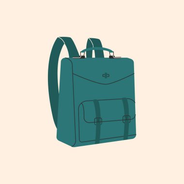 Cartoon backpack. Doodle city rucksack with pockets and zipper, flat fashion bag, school satchel. Vector illustration.