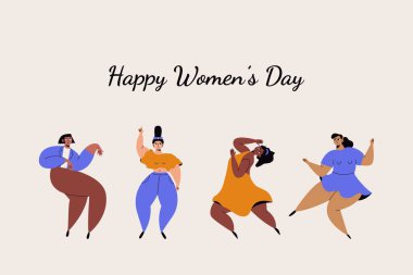 Dancing women. Cartoon diverse female characters, international womens day solidarity concept. Vector flat illustration.