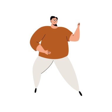 Çizgi film dansçısı. Sevimli, neşeli erkek karakter dansı ve eğlenceli, mutlu bir kulüp dansçısı. Vektör düz resimleme.