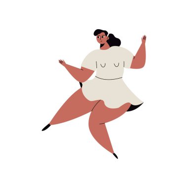 Dans eden kadın. Çizgi filmdeki sevimli, mutlu kadın karakter dansında iyi eğlenceler, neşeli kulüp dansçıları. Vektör düz resimleme.