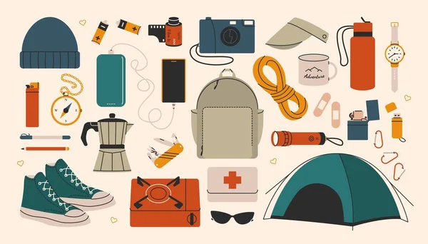 Travel Equipment Tourist Adventure Carry Stuff Cartoon Explorer Supplies Camping — Vetor de Stock