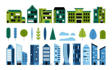 Minimal residential buildings. Geometric cityscape with house skyscraper trees, simple flat city constructor.