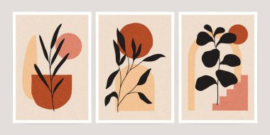 Boho çağdaş posterleri. Modern orta yüzyıl botanik sanat baskısı, dal siluet geometrik şekiller bırakır. Vektör seti.