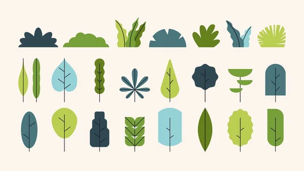 Einfache Baumbüsche Cartoon Waldpflanzen Mit Laub Minimale Flache Strauch Botanischen — Stockvektor