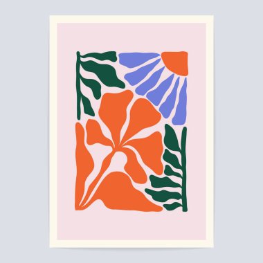 Soyut çiçek yaprağı posteri. Matisse 'in esinlendiği en az saf çiçek desenli, botanik duvar dekoru. Vektör illüstrasyonu.