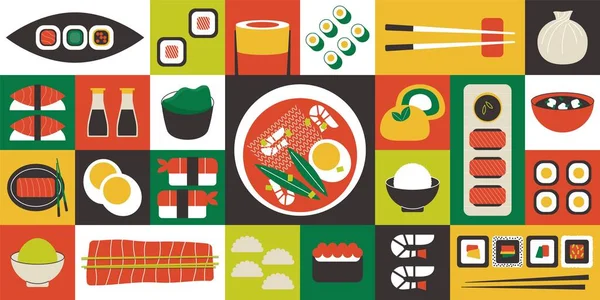 Ασιατικό Φαγητό Γεωμετρικό Λάβαρο Minimal Ιαπωνικά Κινέζικα Θαλασσινά Φόντο Σούσι — Διανυσματικό Αρχείο