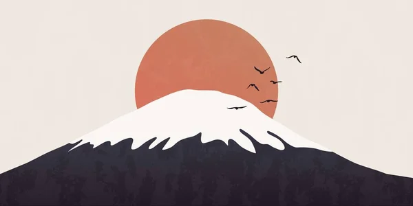 Fundo Silhueta Montanha Minimalista Abstract Japanese Nature Panorama Sunrise Birds Ilustrações De Stock Royalty-Free