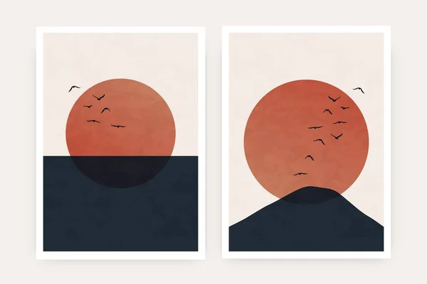Abstract Mountain Landscape Poster Contemporary Nature Sun Moon Birds Art — Stock Vector