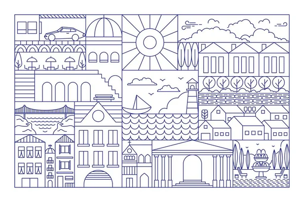Bandeira Linha Paisagem Cidade Geométrica Delineamento Simples Cidade Urbana Construção Vetores De Stock Royalty-Free