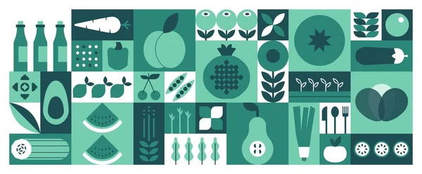Padrão Geométrico Comida Mosaico Ícones Vegetais Frutas Naturais Design Menu Gráficos De Vetores