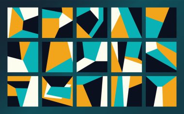 Modern geometrik keskin şekiller. Geometri boksu kalın kare elementler, ilkel bloklar üstünlük stili. Vektör mozaiği seti.