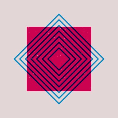 Geometrik memphis riso izi efektini şekillendirir. Asgari soyut kare duoton elementler risograf desenini örtüyor. Vektör tasarımı.