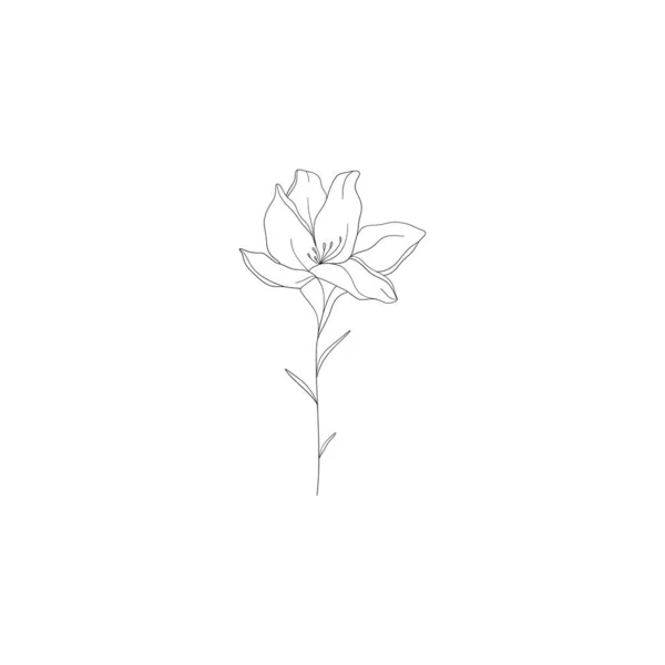 Minimalist linear flower. Small ornamental floral branch element, tiny fine line botanical leaves for tattoo sketch. Vector design.