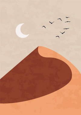Çağdaş çöl manzarası posteri. Kum tepecikli modern doğa manzarası, basit soyut boho sanat baskısı. Vektör illüstrasyonu.