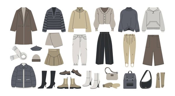 Base winter wardrobe. Female stylish outfits capsule set, warm women fashion clothes footwear bags. Vector cartoon collection.
