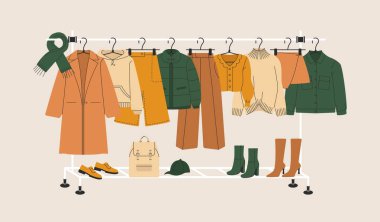 Moda kıyafetleri. Şık kadın kıyafetleri, elbise deposu, butik korkuluk, giysi tutacağı olan askılar. Vektör çizgi film illüstrasyonu.