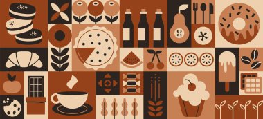 Geometrik tatlı yemek kalıbı. Minimal fırın tatlı meyvesi basit şekiller, restoran kafe menüsü konsepti. Vektör soyut afişi.