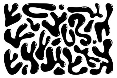 Sıvı organik damlalar. Soyut mürekkep lekeleri ve sıvı lekeler, yuvarlak ve dalgalı kabarcıklar moda y2k tarzı, basit karalama damlaları. Vektör izole edildi.