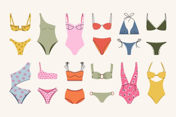 Иконы летнего купальника в бикини. Мультфильм красочные женщины пляжной одежды, женские купальники одежды моды коллекции, плавать носить одежду. Векторное изолированное множество.