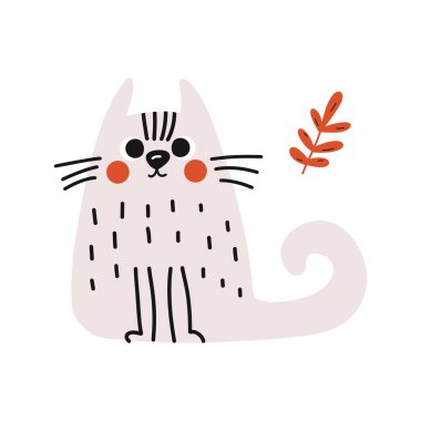 Soyut karalama sevimli kedi. Komik, tüylü, evcil hayvansı, çocuksu tasarımı olan saf kedi yavrusu karakteri. Vektör izole illüstrasyonu.