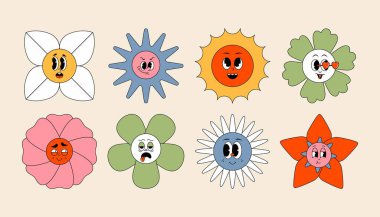 Manyak komik çiçek çocuk karakterleri. 70 'lerin hippi simgeleri, saykodelik gülücükler, çiçekler, havalı havalı boho papatya çıkartmaları. Vektör izole edildi.