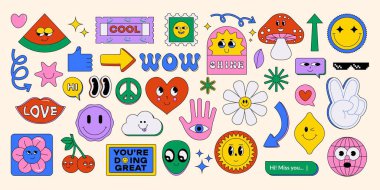 Modaya uygun retro çıkartmalar. Karikatür 70 'lerin psikedelik kokulu hippi ikonları, tebrik kartları ve davetiyeler için klasik hippi çiçek dekoratif unsurları. Vektör izole edildi.