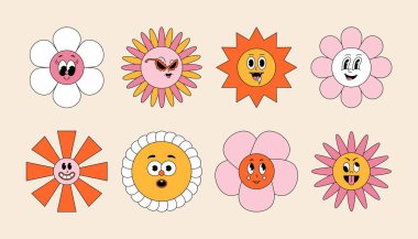 Harika çizgi film karakterleri. 60 'lar ve 70' ler sevimli saf hippi suratları soyut retro çiçekli komik karakterler. Vektör renkli etiketler ayarlandı.