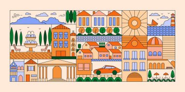 Geometrik şehir manzarası. Park ağaçları ve yolu olan soyut kentsel binalar, kasaba posteri için minimal doğrusal arka plan veya renkli düz elementlere sahip afişler. Vektör illüstrasyonu.