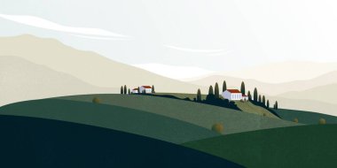 İtalyan doğa manzarası posteri. Dağları ve tepeleri olan geometrik soyut bir arka plan, eski İtalyan evleri olan antika bir pankart. Vektör illüstrasyonu.