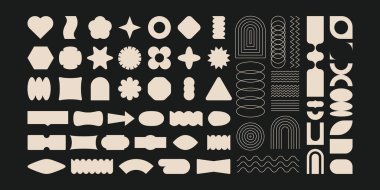 Retro geometrik elementler. 80 'lerin soyut modern minimal modern figürleri, funky circle square star ve dot vintage şekilleri y2k memphis tarzı. Vektör seti.